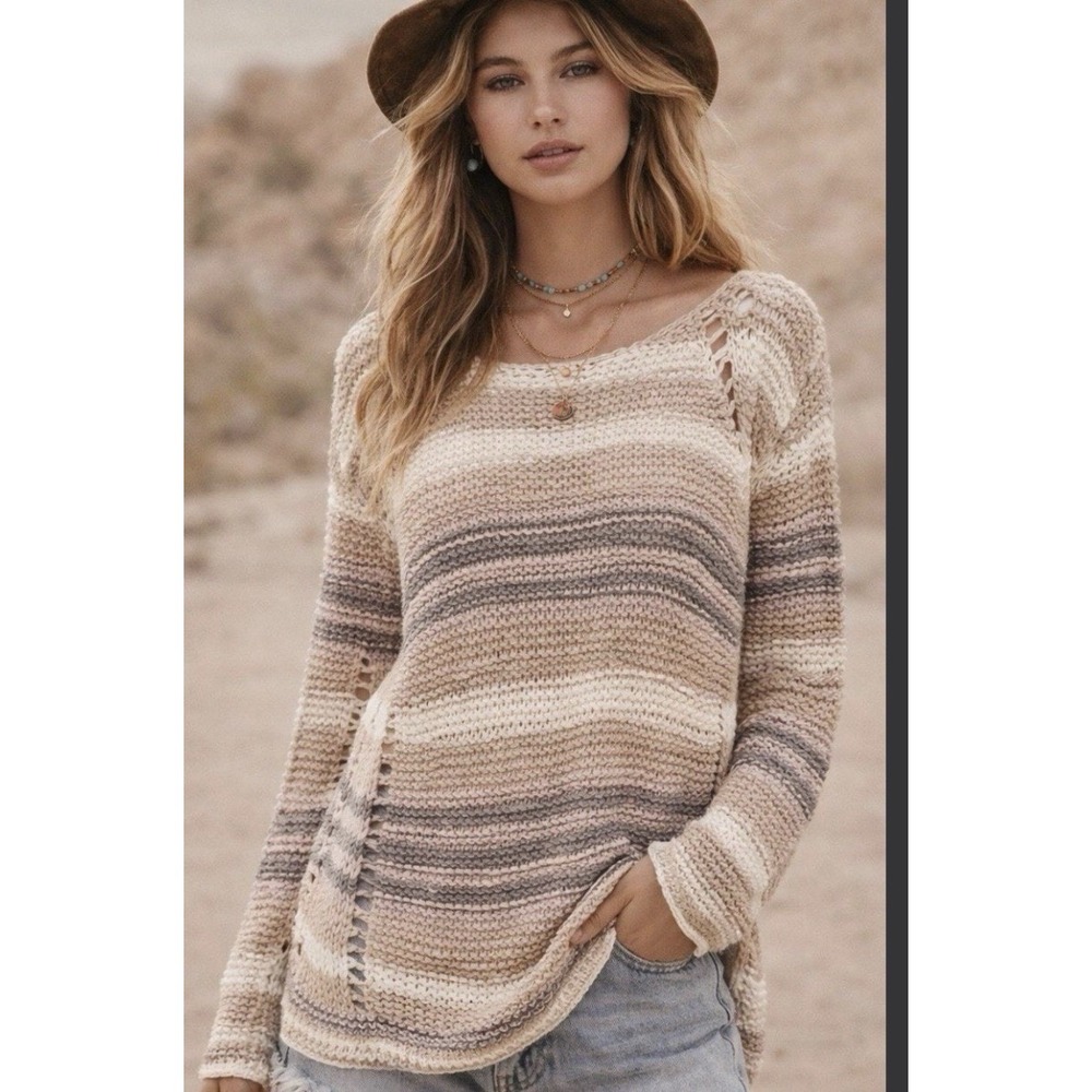 Free People  Desert Moon Ribbon Tape Open Knit Sweater Slouchy Boho Sz S Neutral